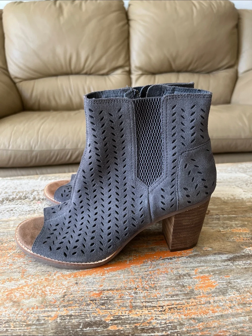 TOMS FORGED IRON SUEDE MAJORCA PEEP TOE BOOTIES GREY PERFORATED LEAF Size 9